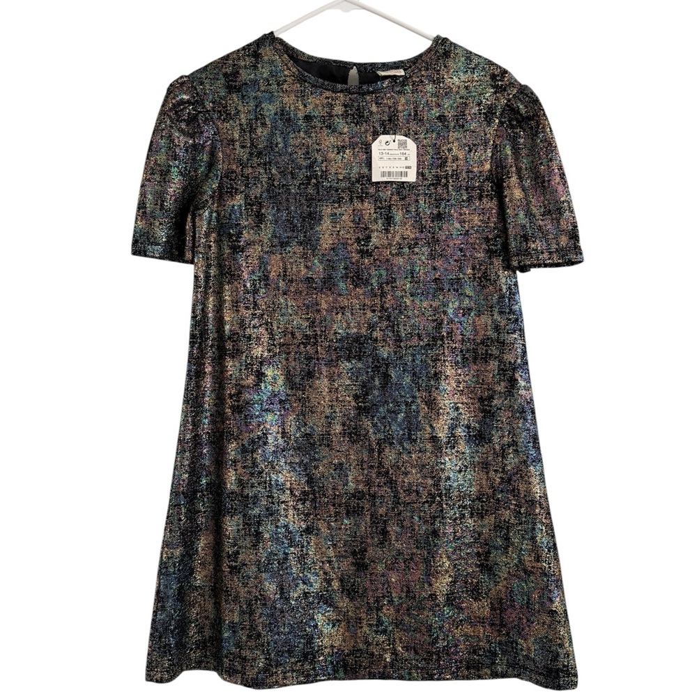 NWT Zara Girls Iridescent Rainbow Metallic Lined Shift Dress 100% Cotton